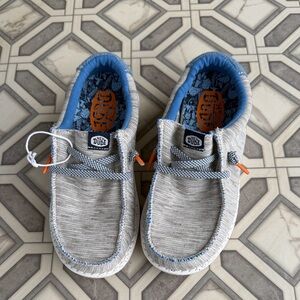 NWOT Hey Dude Kids Light Gray & Blue Slip-On Sneakers with Orange Accents